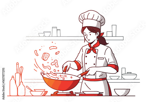 Chef cooks stir-fry in a kitchen, food flying. Line drawing for food blogs