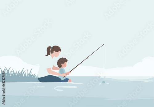 Mother and child fishing at a lake surrounded by nature; for family concepts