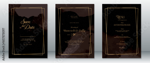 Sophisticated wedding invitation set with black watercolor background and gold geometric frames. Includes save the date card, formal invitation, and dinner menu with refined fonts and luxury layout.