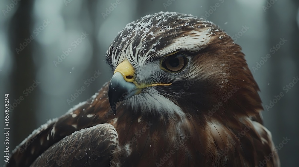 Majestic Hawk in Winter Closeup portrait of a raptor with snow with nature scene. Majestic Hawk in Winter Closeup portrait of a raptor with snow with nature scene.