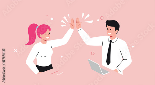 Happy professionals give high five in an office. Laptop and circles in background