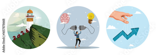 Year 2026 business forecast. Connecting new idea or innovation. Hand Controlling Rising Arrow.