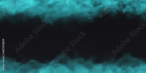 Blue Fog effect on the upper and lower border on transparent dark background. Vector smoke cloud.