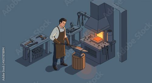 Isometric smith heats metal on anvil, tools in forge. Manufacturing, illustration