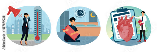 Urban Heat Stress and Noise Pollution Depicted. Sleep disturbances. Hypertension.