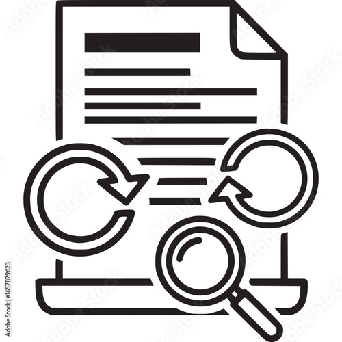 Document review and analysis with magnifying glass and cyclical process, isolated on white background, emphasizing the importance of thorough examination and continuous improvement