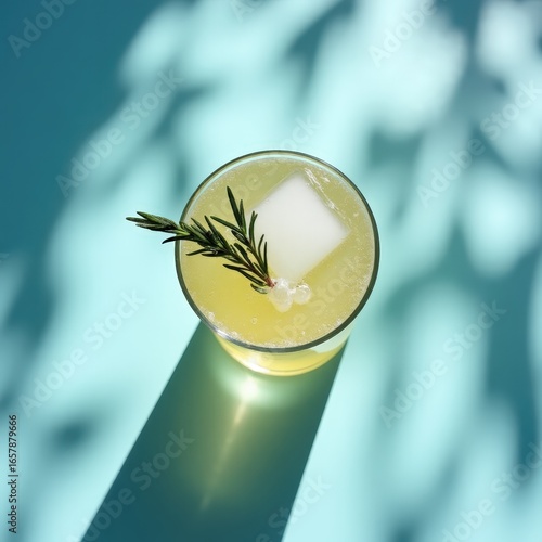 Overhead view of fizzy spritz cocktail with rosemary ice cube in center, light blue ceramic table and abstract sunlight pattern.