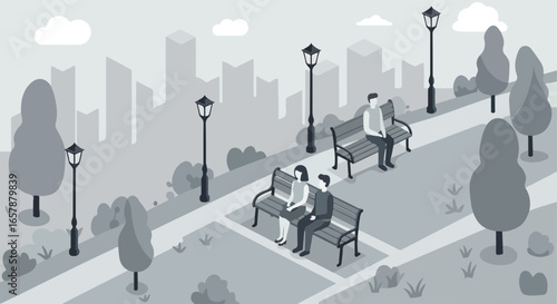 People relaxing on benches in a city park, skyline in background. For blog/presentation