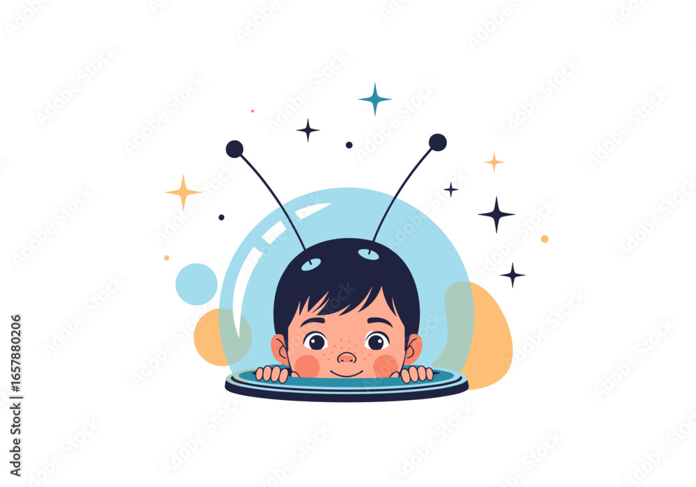 Fototapeta premium Young space explorer peeking out from spaceship window