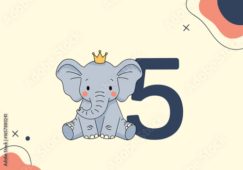 Cute baby elephant with crown celebrating a fifth birthday party event