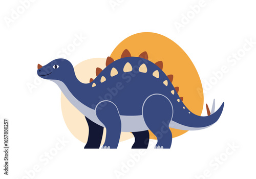 Charming blue dinosaur with spikes and a tail standing proudly against a bright yellow circle