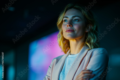 Confident businesswoman looking towards the future with colorful lights