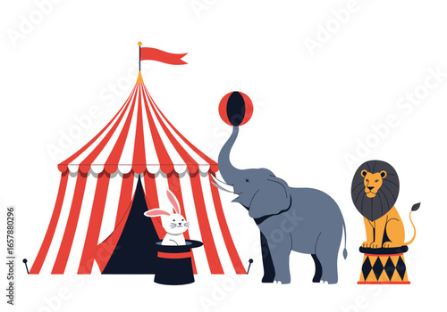 Circus tent magic show featuring a trained elephant and lion