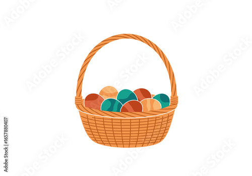 Traditional wicker basket overflowing with colorful easter eggs