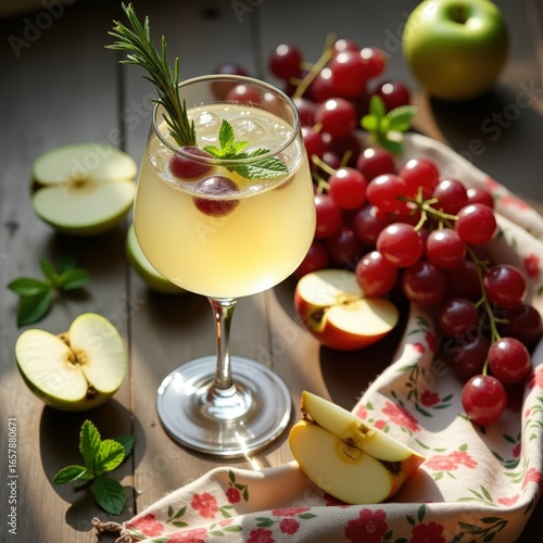 Wallpaper Mural Flat lay of white sangria cocktail and scattered sliced grapes and apples, vintage fabric napkin and sun-dappled wood beneath. Torontodigital.ca