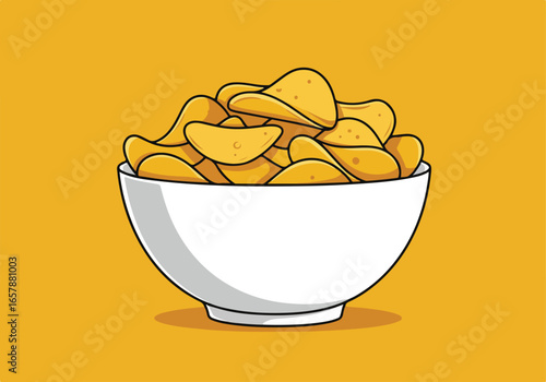 Chips overflowing in bowl against a yellow background. Great graphic resource