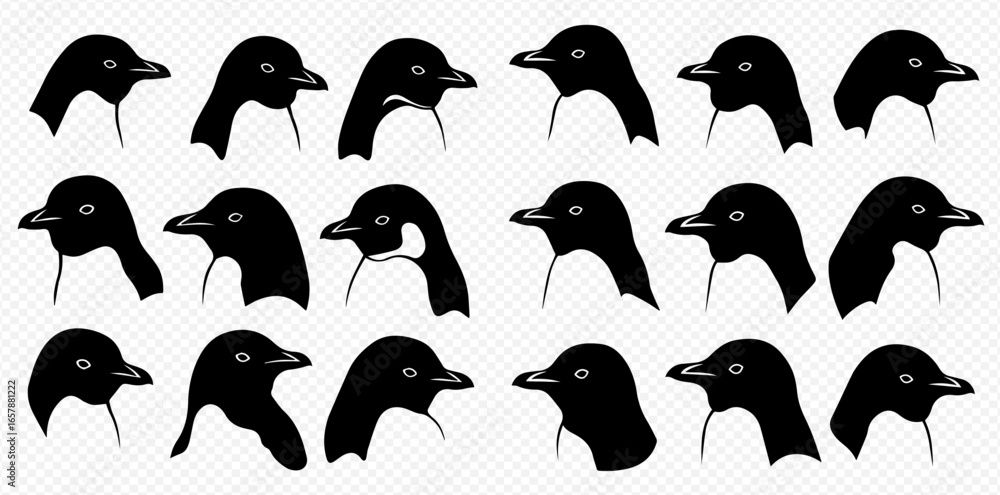 A collection of black and white Adélie penguin head illustrations, showcasing different profiles and poses on a transparent background. A collection of black and white Adélie penguin head illustrations, showcasing different profiles and poses on a transparent background.