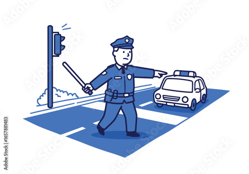 Officer directing traffic at crosswalk with car and stoplight in background