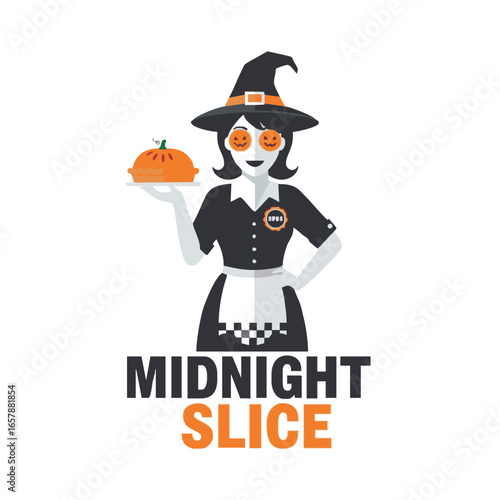 A witch waitress in a black and white uniform holds a pumpkin pie, advertising "Midnight Slice.".