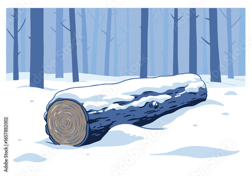 Illustration of a snow-covered log in a winter forest for use in winter themed design
