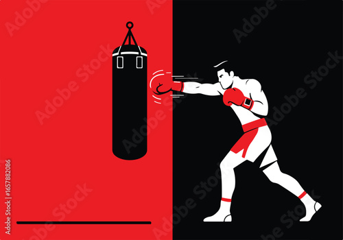 Boxer punching heavy bag with force in gym; red and black background for ads