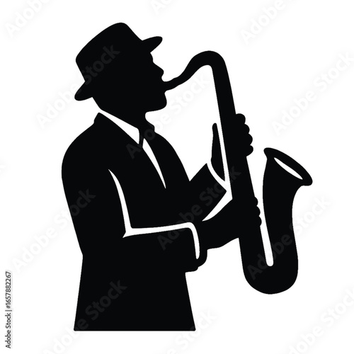 Silhouette of a man playing a saxophone, a classic jazz musician in a suit.