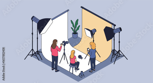 Studio photoshoot with lights, screens, model, and plant in the background