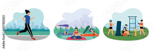 Jogging concept. Three Women Practicing Yoga. Sport and Physical Activity.