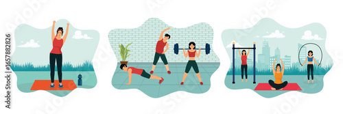 Woman Stretching on Yoga. Healthy and active lifestyle concept. Group of People Exercising.