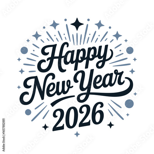 Happy new year 2026 round badge with star ring and soft dots, bold script title, party poster layout, vector card design