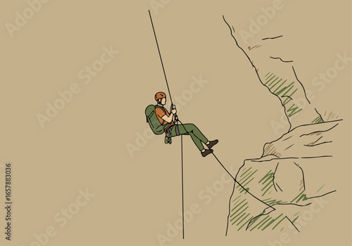 Climber rappels down rock face, use in adventure and safety related content