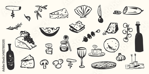 Hand drawn cheese whimsical hand drawn food plate dish set. Italian French menu price list decoration elements in simple minimalist style.