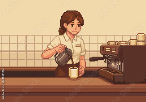 Pixel barista pours coffee at cafe, espresso machine & cups in background, for game design