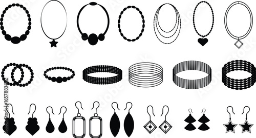 Jewelry icon set with necklaces, bracelets, bangles earrings, in flat black solid and outline line style vector illustration for fashion, beauty, luxury, accessory and ecommerce design