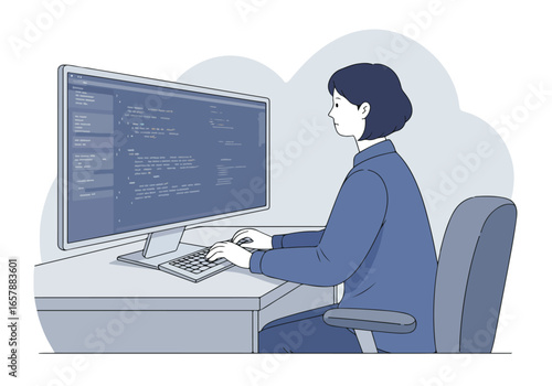 Coder at Desk Writes Code in Office with Cloud Background For Software Dev. Use