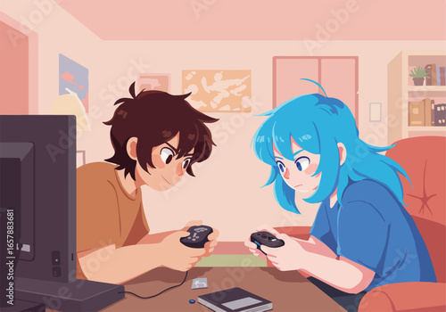 Teenagers gaming on TV in a cozy room with a bookshelf in the background. Use blog