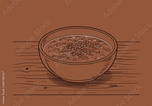 Bowl of lentils on a wooden table. Brown background. Illustration for recipe blog
