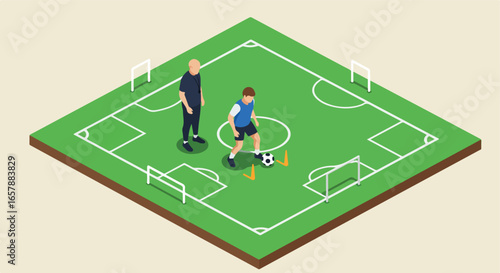 Isometric view coach watches player practice football skills on the field, cones around