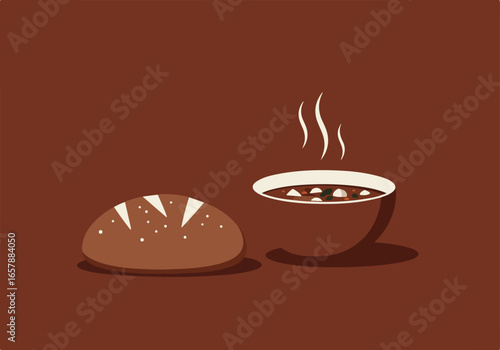 Hot soup, fresh bread on brown background. Used for menu or cooking blogs