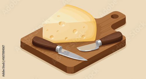 Isometric block of cheese with knives on a wooden cutting board and a beige backdrop