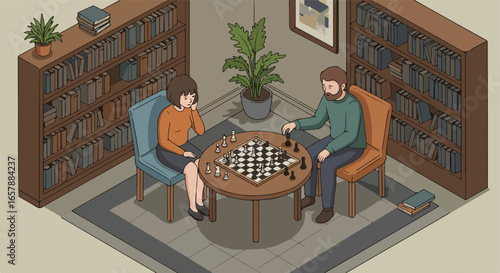 Couple playing chess game on rug, in a library, using books as background