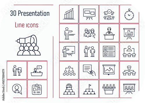 Business Presentation and Meeting Line Icons Set conference seminar