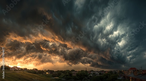 Fototapeta Naklejka Na Ścianę i Meble -  Dramatic storm clouds gather over a serene landscape bathed in golden sunset light