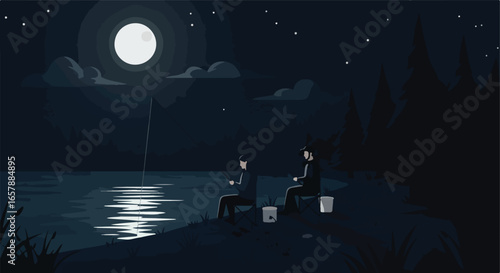 Men night fishing at lake under moon, reflected light, forested background, illustration