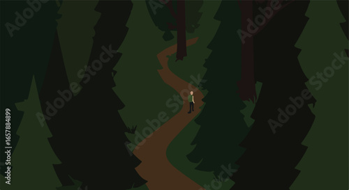 Man with backpack hikes along dirt trail through forest; trees in background. Use Outdoors