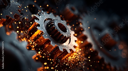 Dynamic metal gears meshing with glowing sparks, symbolizing industry and innovation.