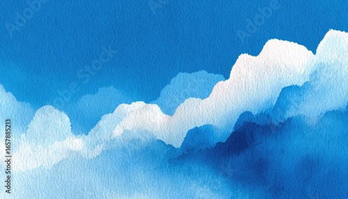 Watercolor cloudscape. Deep blue sky fades into layered white clouds