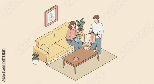 Couple Knitting on Couch, Plants Behind, Showing Progress, Interior Design