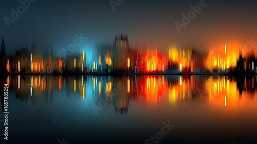 City skyline at night, reflected in water. Blurry lights
