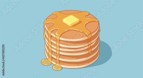 Stacked pancake topped with butter and dripping syrup on blue for breakfast menu